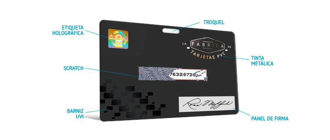 Acabados de tarjeta PVC: etiqueta holográfica, troquel, tinta metálica, scratch, barniz UVI y panel de firma