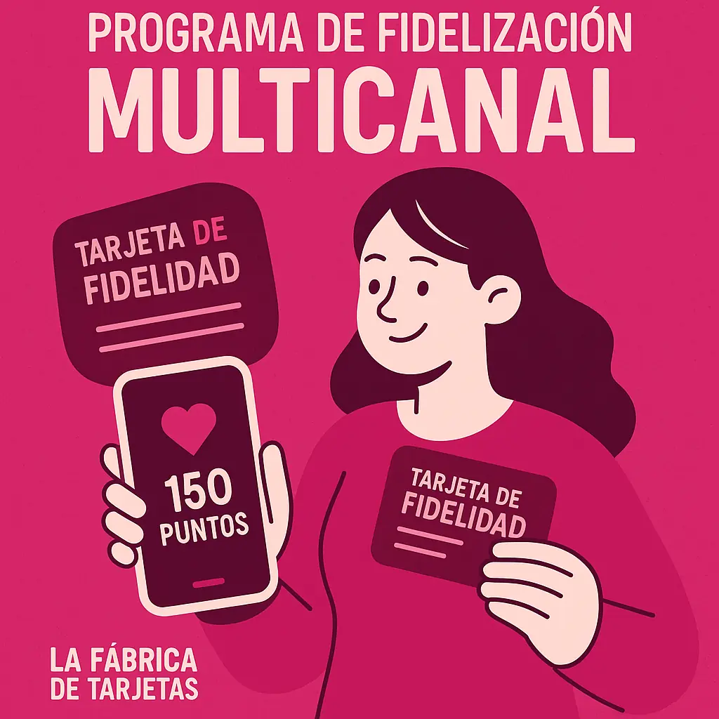 Ilustración de una clienta con tarjeta de fidelidad física y app de puntos en el móvil