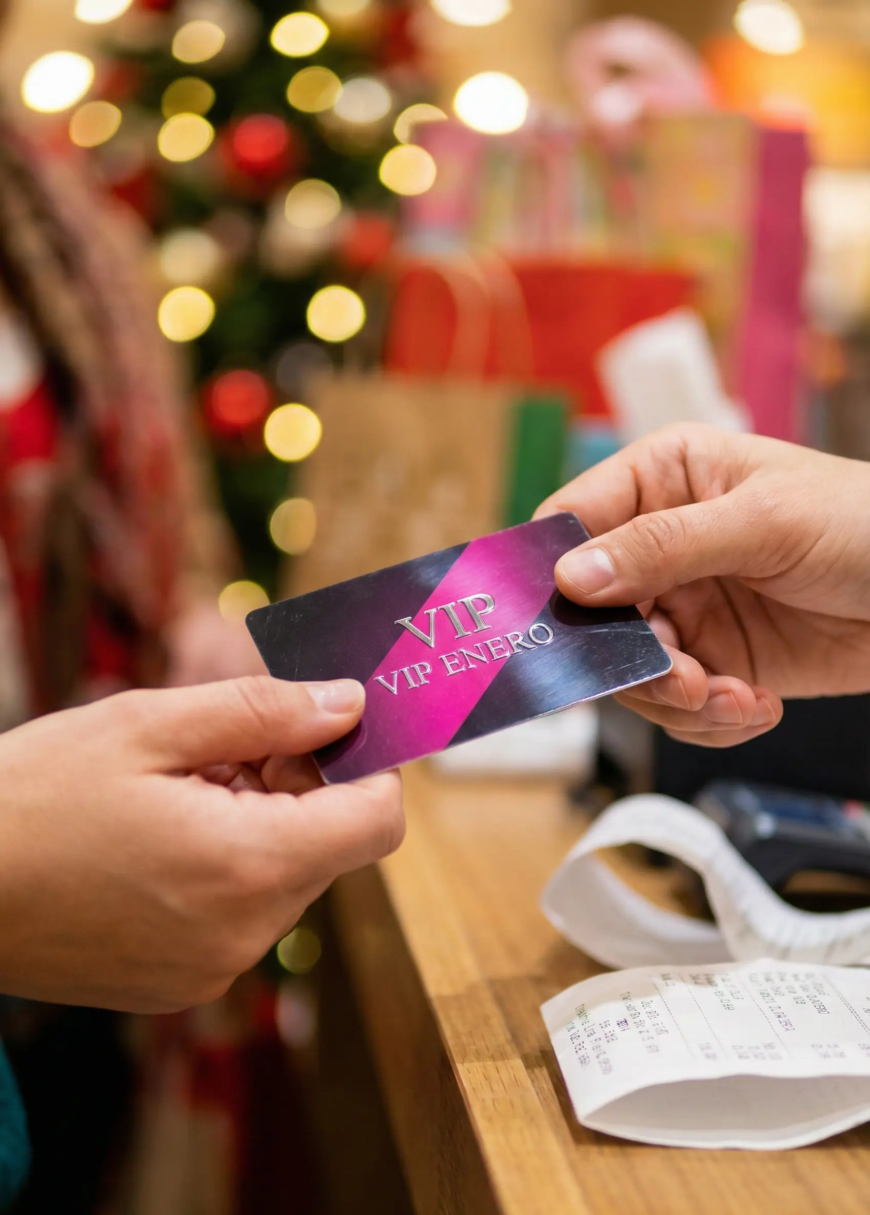 Cliente recibiendo una tarjeta VIP de enero en el mostrador de una tienda