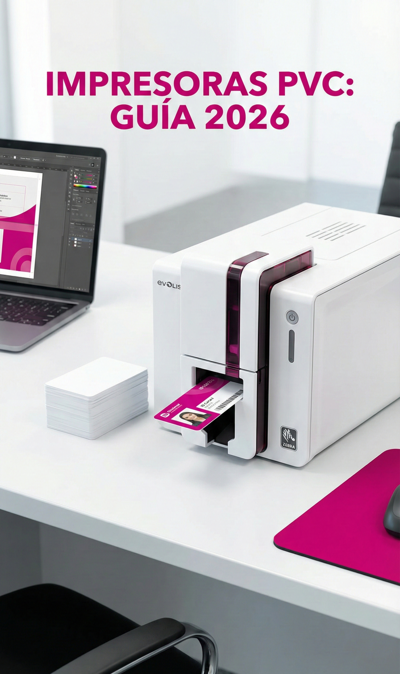 Impresora de tarjetas plásticas PVC imprimiendo carnet de identificación en oficina moderna junto a software de diseño.