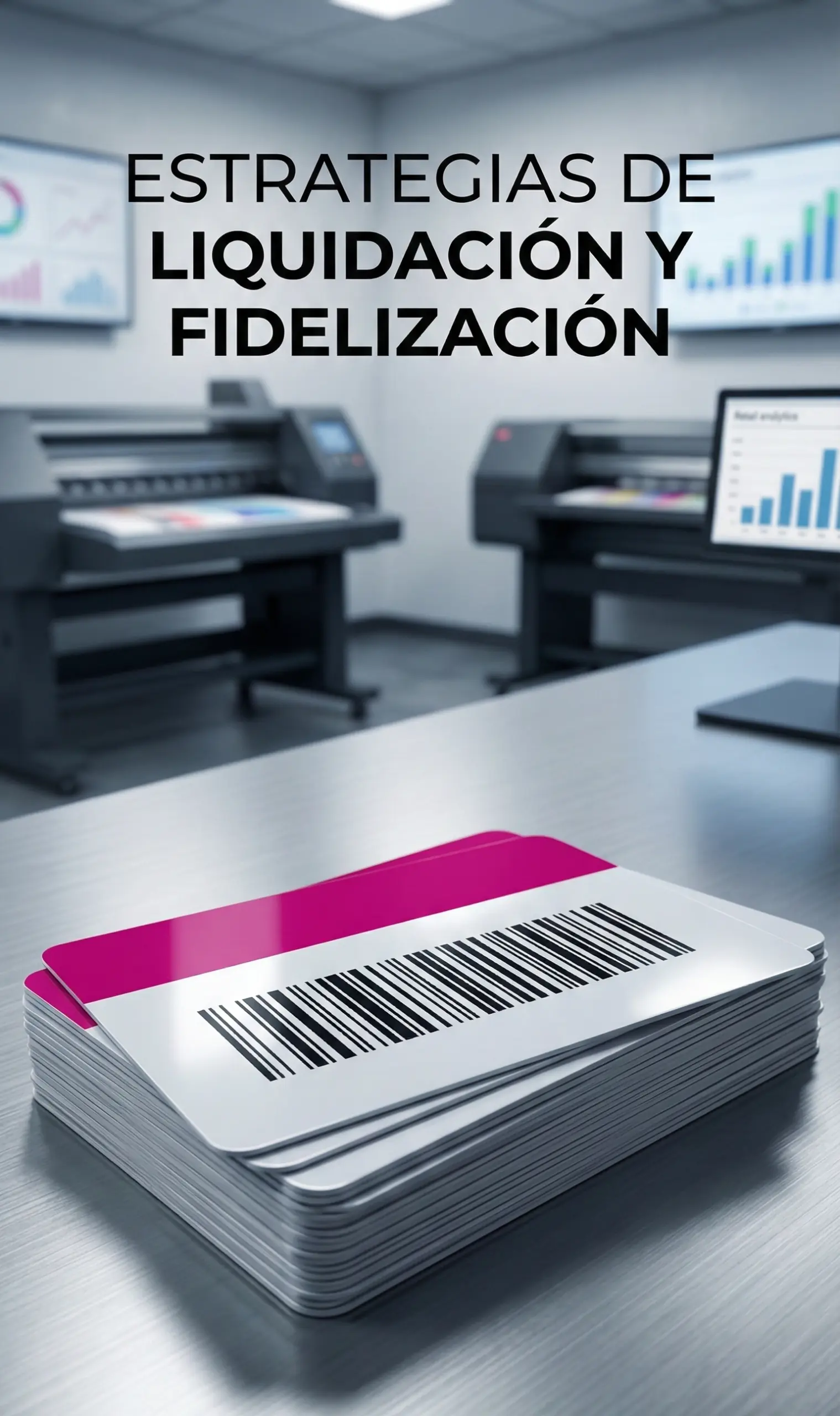 Tarjetas de fidelización de PVC con código de barras para comercios sobre mesa de oficina técnica.