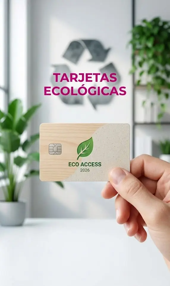 Tarjeta PVC ecológica con acabado de madera y chip, sujeta junto a plantas