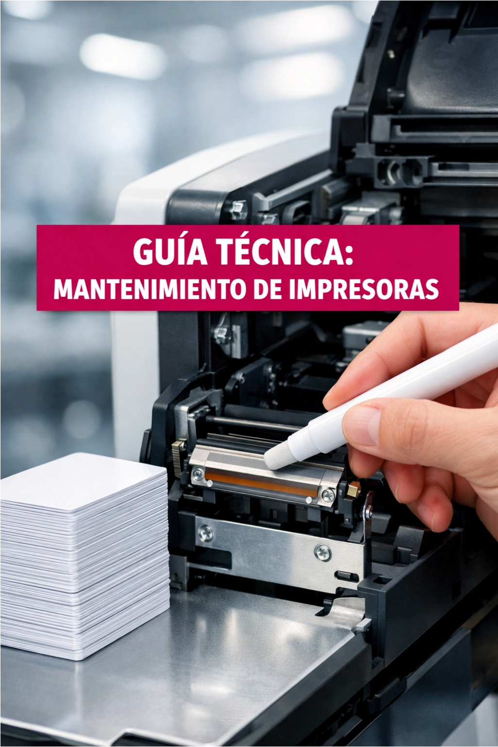 Técnico limpiando cabezal de impresora de tarjetas PVC con kit profesional