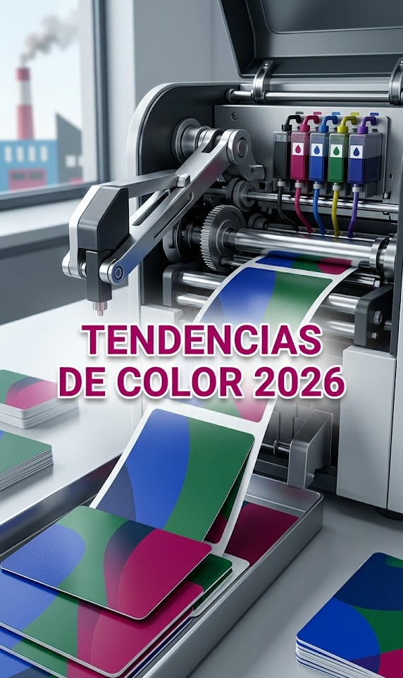 Impresora industrial de tarjetas mostrando las tendencias de color 2026 en PVC.
