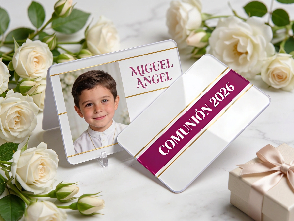 Tarjetas PVC personalizadas para comuniones con foto, nombre y QR, fabricadas en España